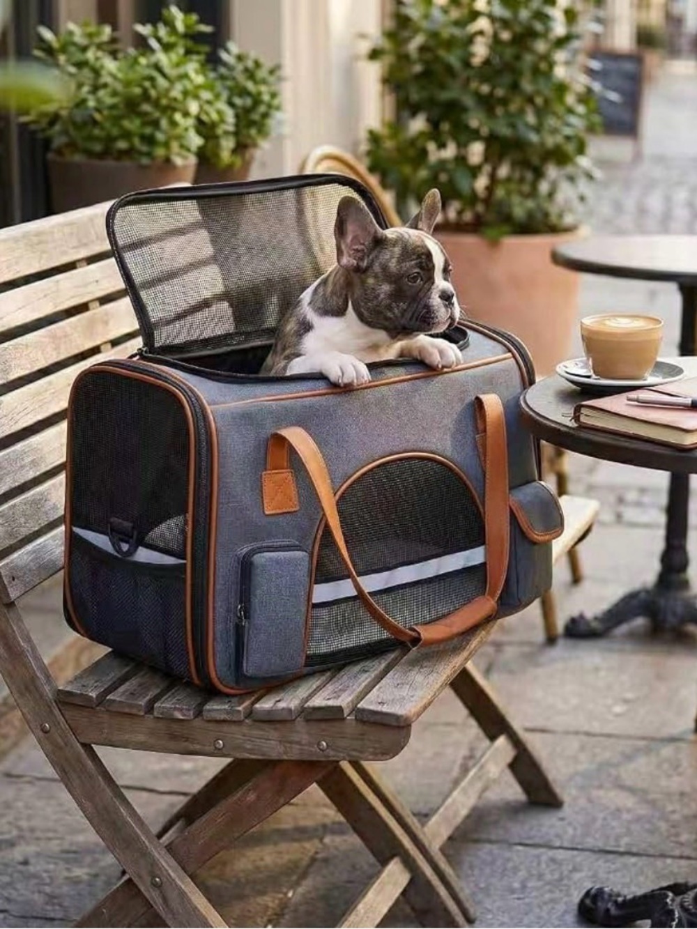 Stylish Gray & Brown Pet Carrier Tote - Comfortable Travel Bag for Dogs